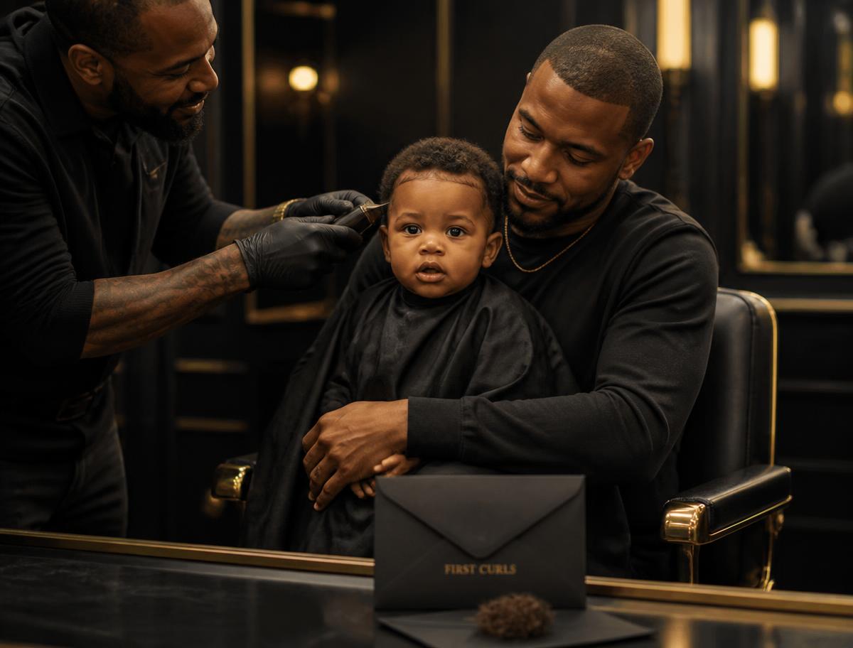 A toddler's first haircut at Kingdom Cutz, first curls kept as a keepsake