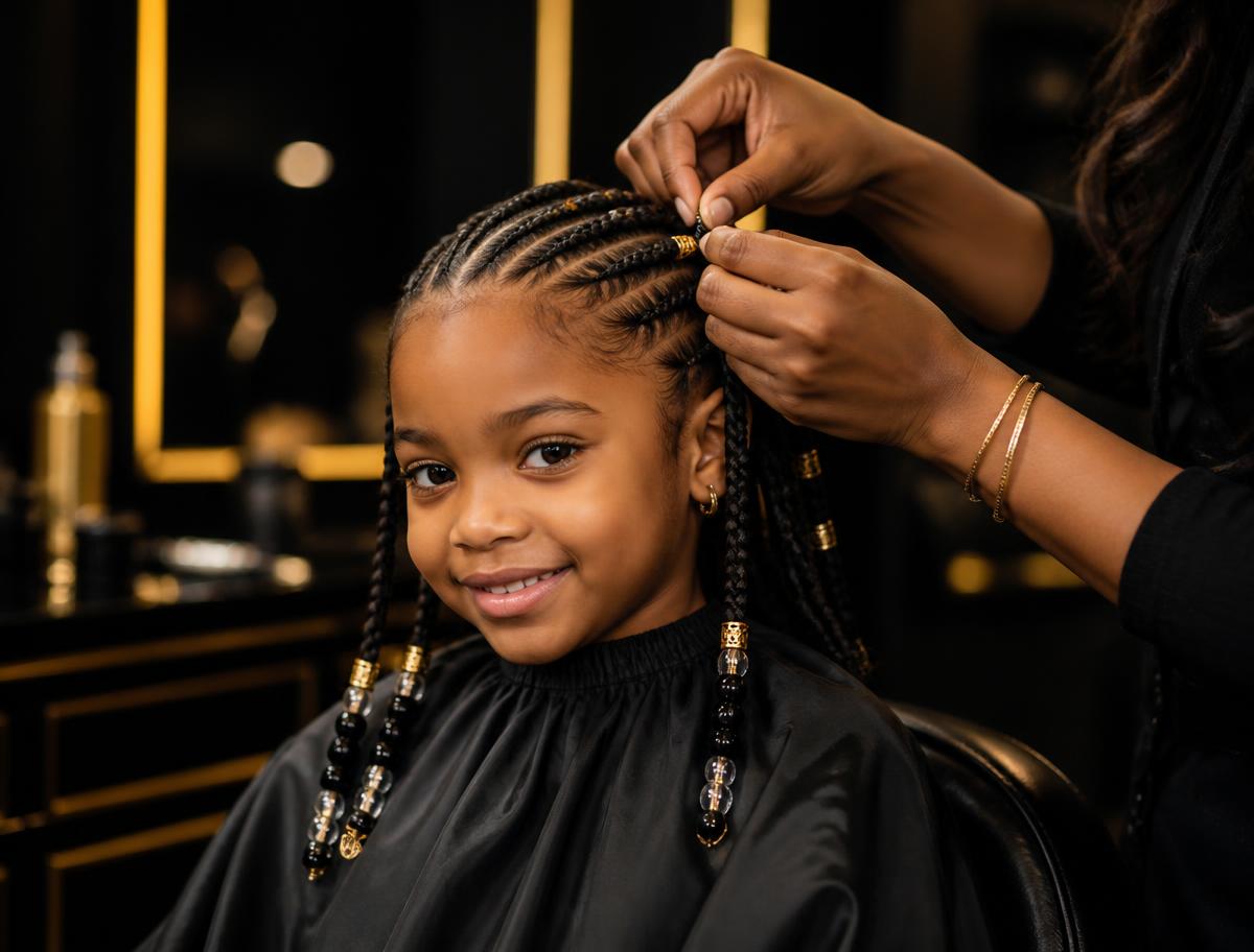 Cornrow braids with beads styled for a young girl at Kingdom Cutz