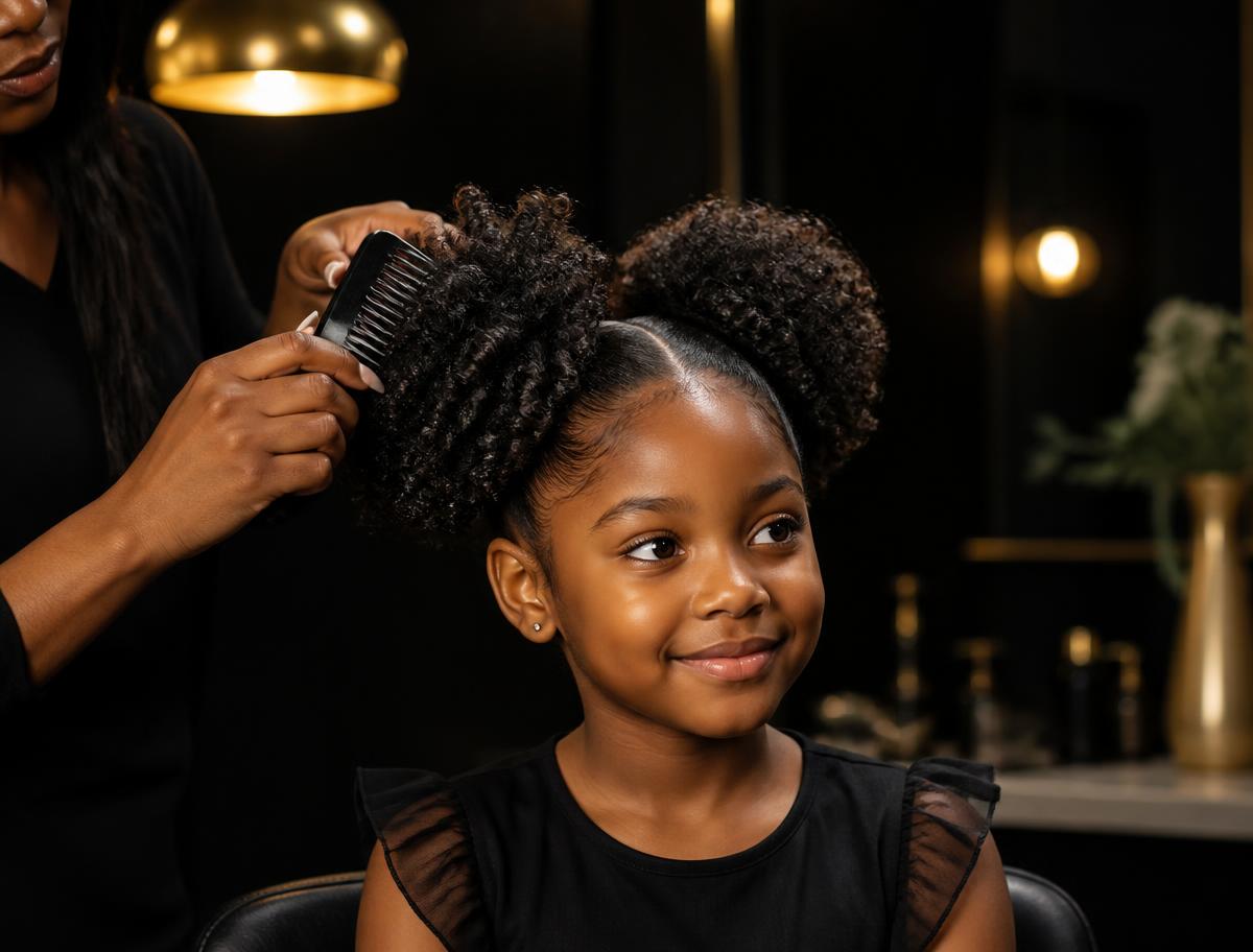 A child's natural curls detangled and styled into two puffs at Kingdom Cutz