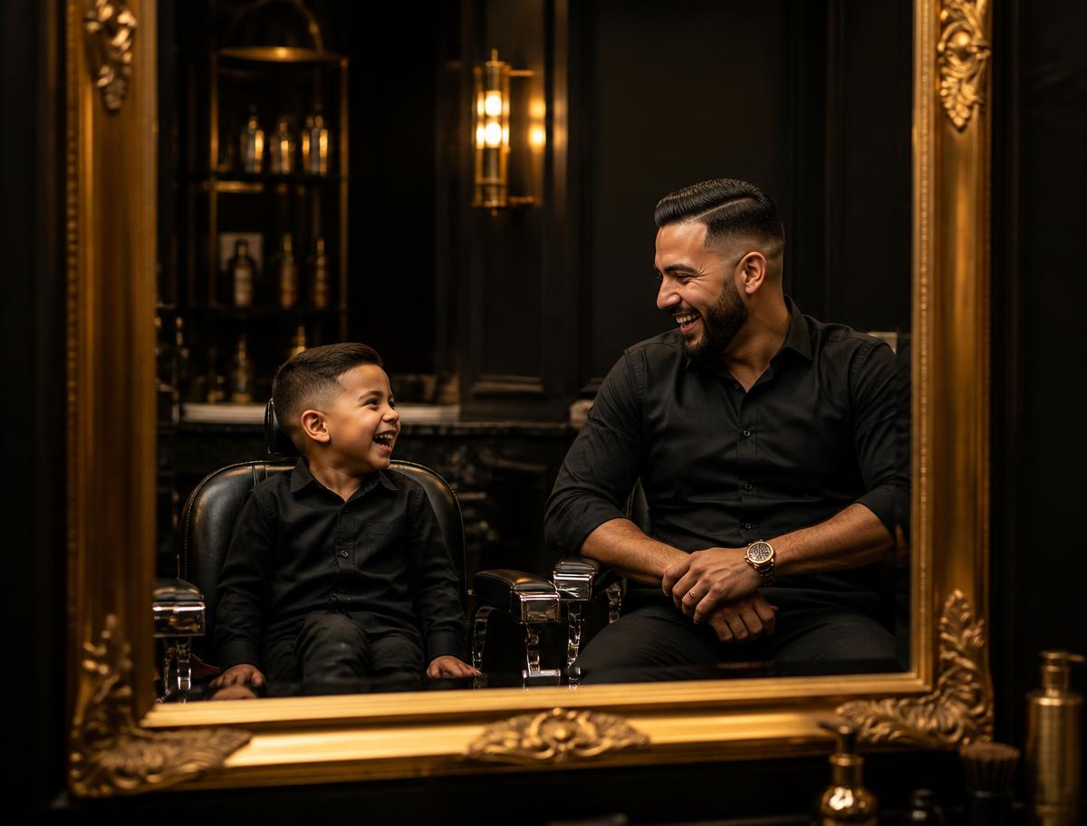 A father and son side by side with matching fresh haircuts at Kingdom Cutz