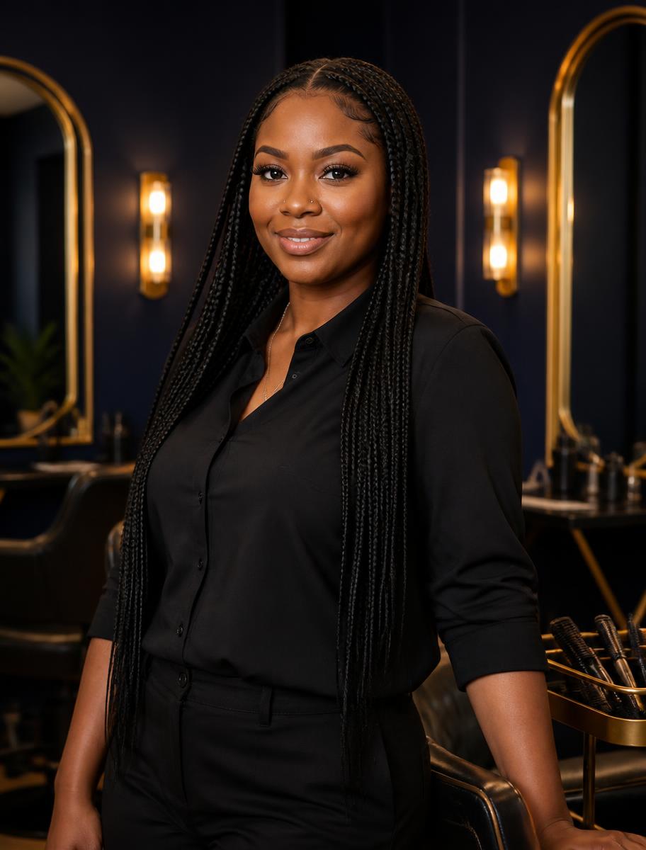 Temporary placeholder portrait of a braiding artist in a luxury salon