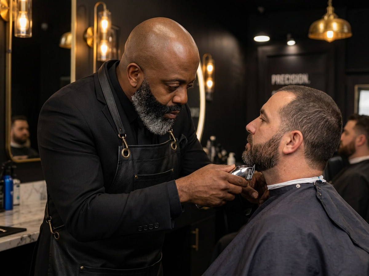 Segun Washington shaping and lining up a client's beard at Kingdom Cutz