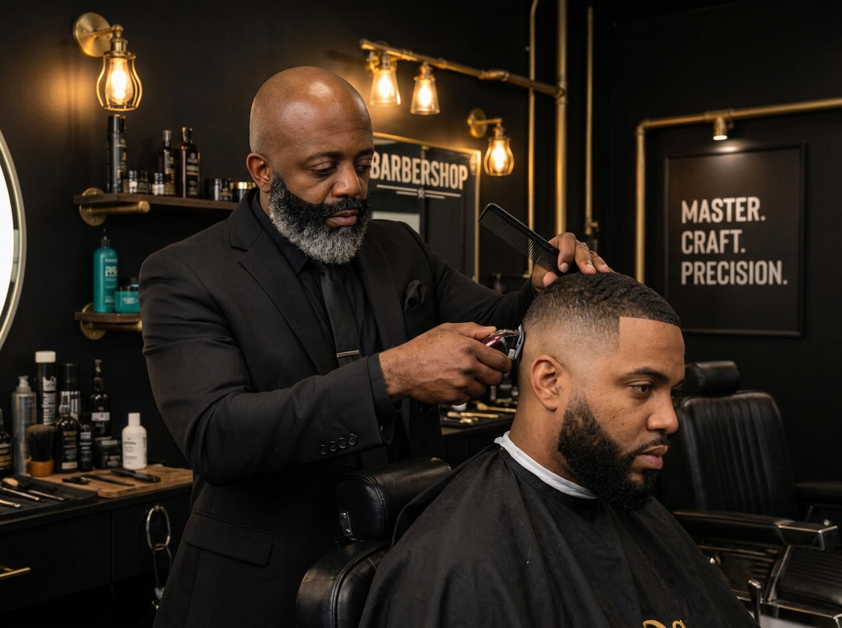 Segun Washington cutting a precision skin fade for a client at Kingdom Cutz