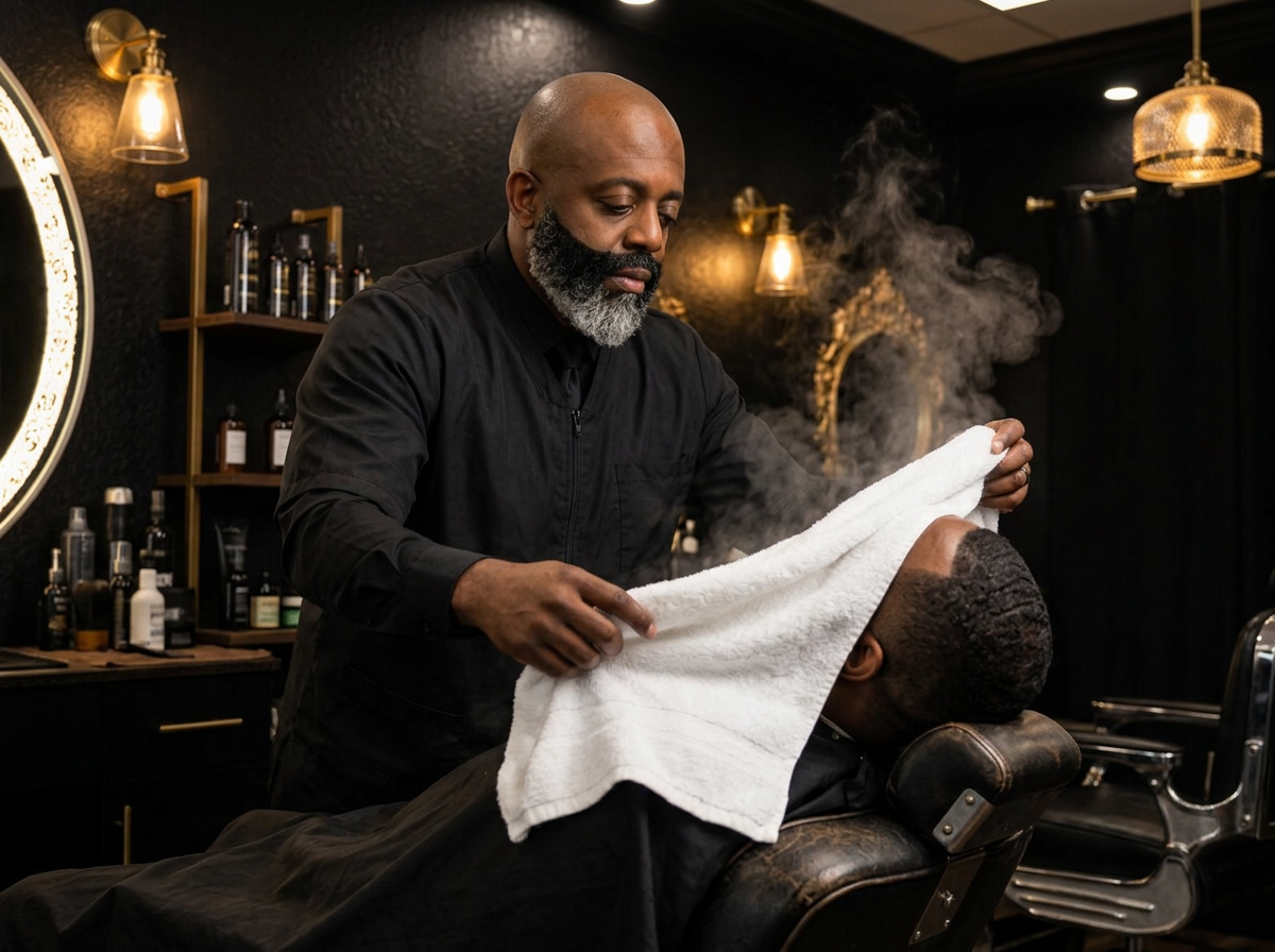 Hot towel finish applied by Segun Washington at Kingdom Cutz