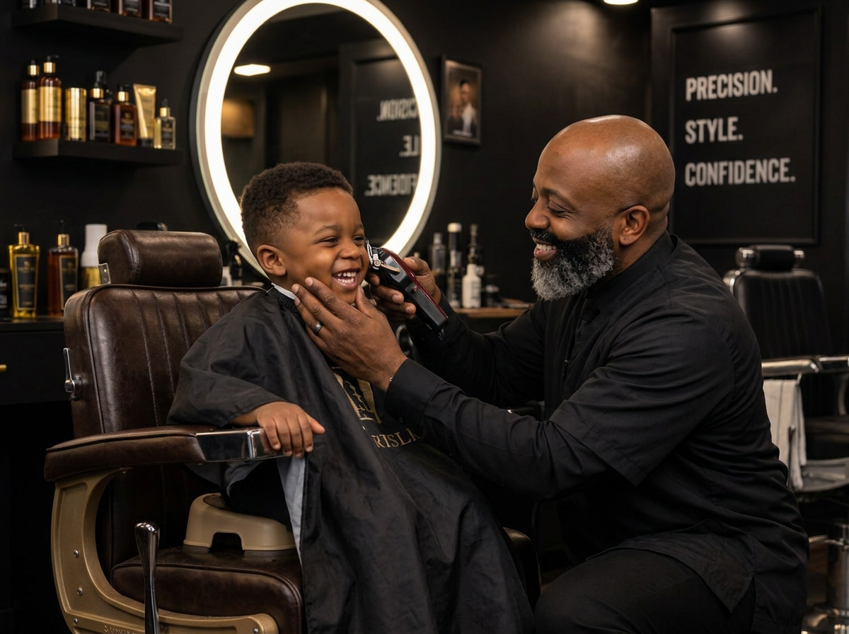 Segun Washington giving a young child a gentle, patient haircut