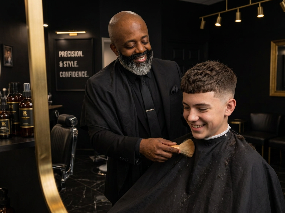 Segun Washington finishing a teenager's modern textured haircut