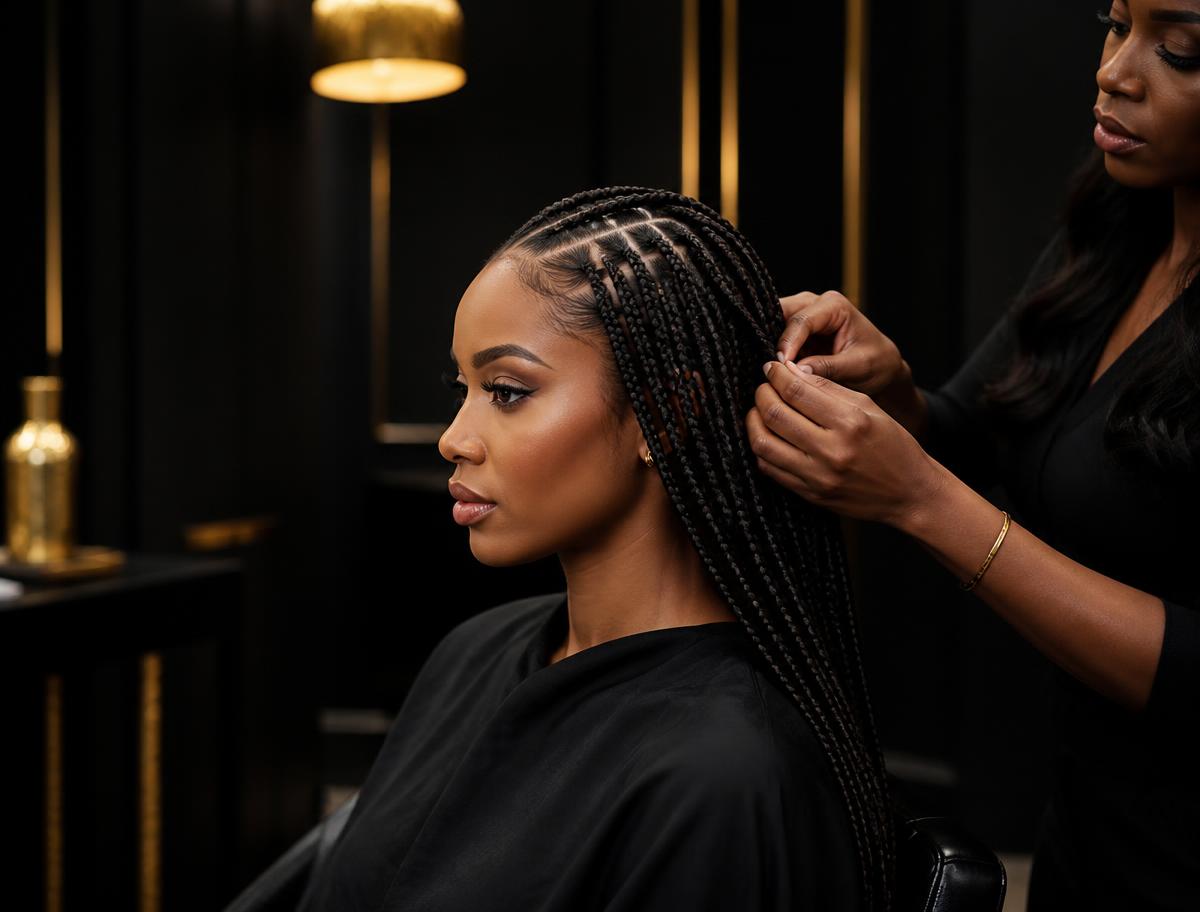 Long knotless box braids with immaculate parting, finished at Kingdom Cutz