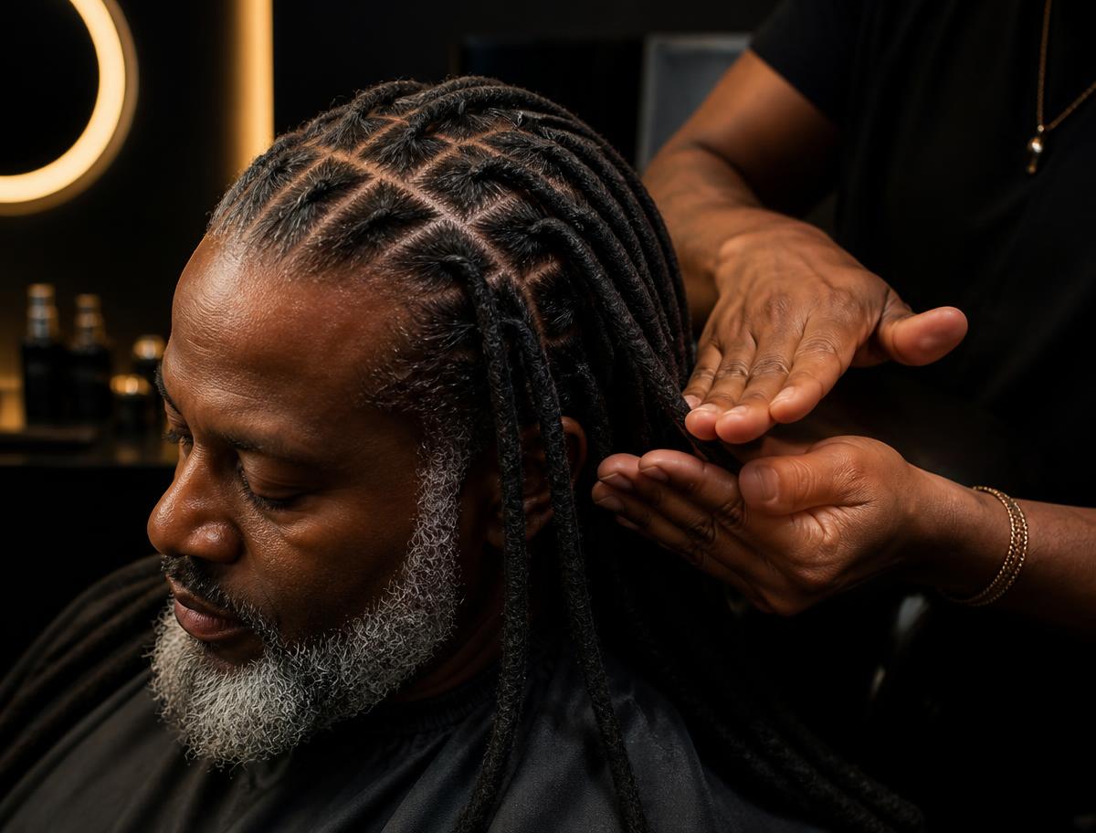 Freshly retwisted locs with a clean parted grid at Kingdom Cutz