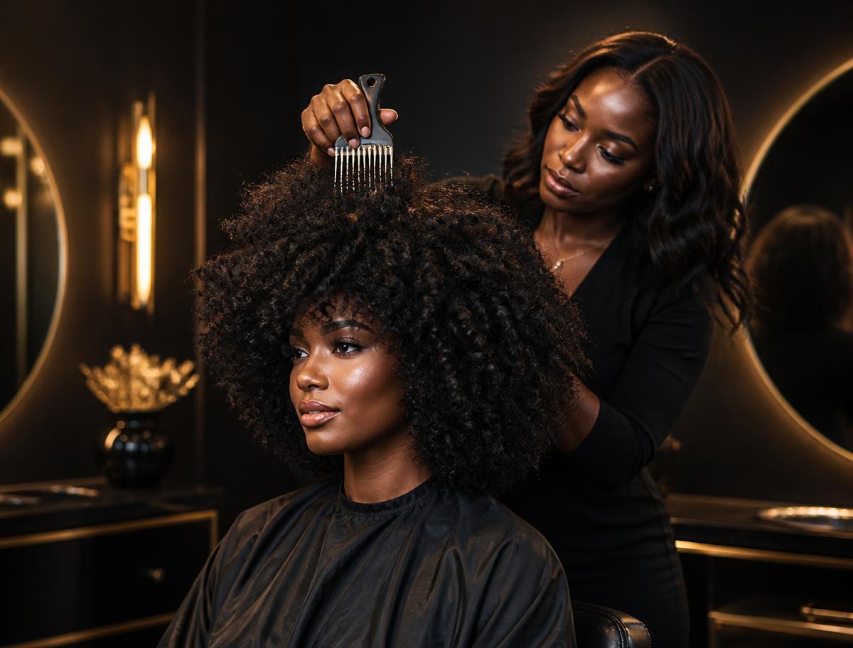 Voluminous defined natural curls shaped by a stylist at Kingdom Cutz