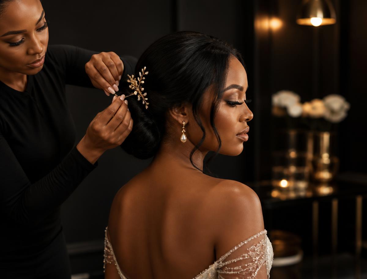 Bridal chignon finished with a delicate gold hairpin at Kingdom Cutz