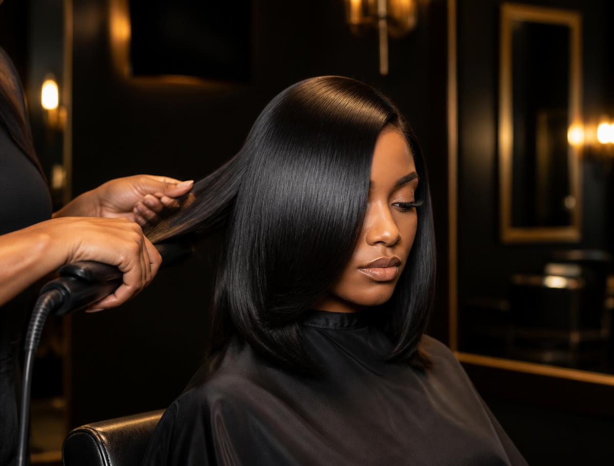 Glass-smooth silk press finished with a flat iron at Kingdom Cutz