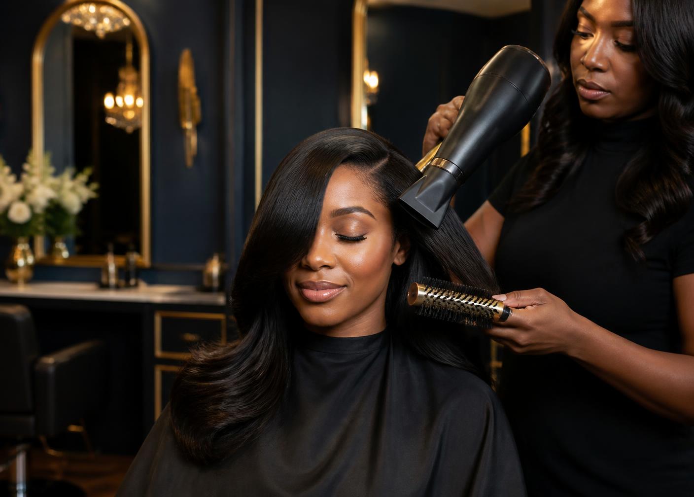 Stylist finishing a glossy silk press blowout with a round brush and dryer